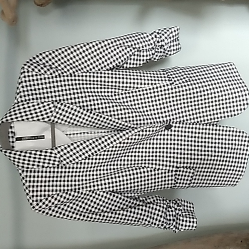 Meg & Margot gingham print, rouched 3/4 sleeves, single button blazer